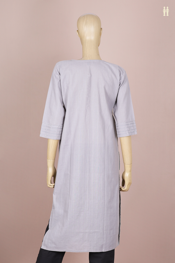 Round Neck Stripes Design Grey Cotton Long Kurta