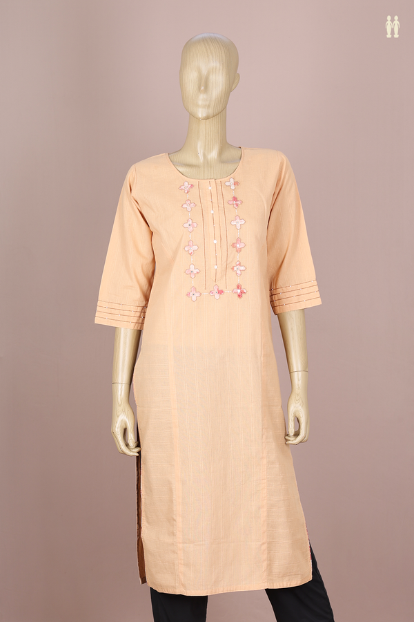 Round Neck Stripes Design Orange Cotton Long Kurta
