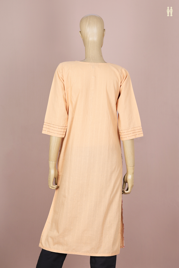 Round Neck Stripes Design Orange Cotton Long Kurta