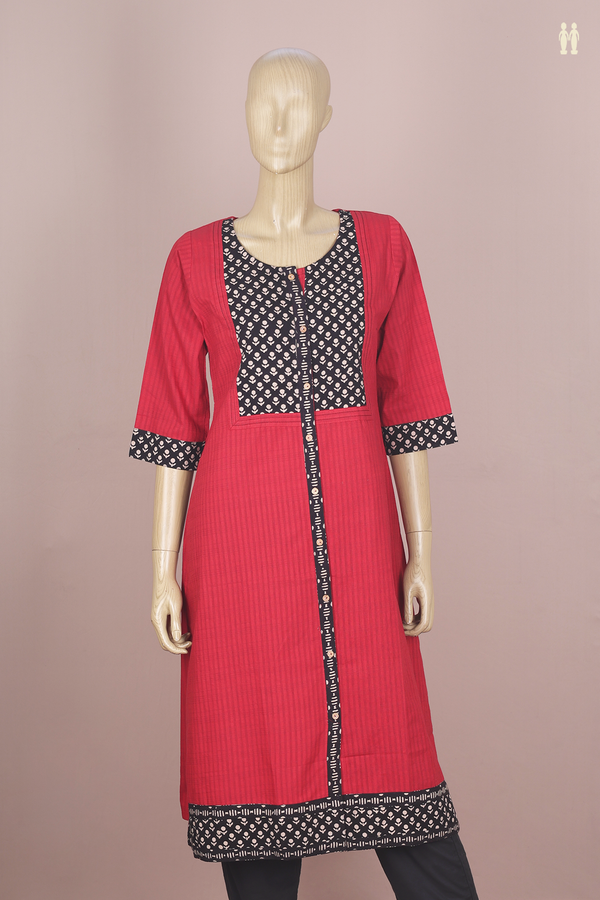Round Neck Stripes Design Red Cotton Long Kurta