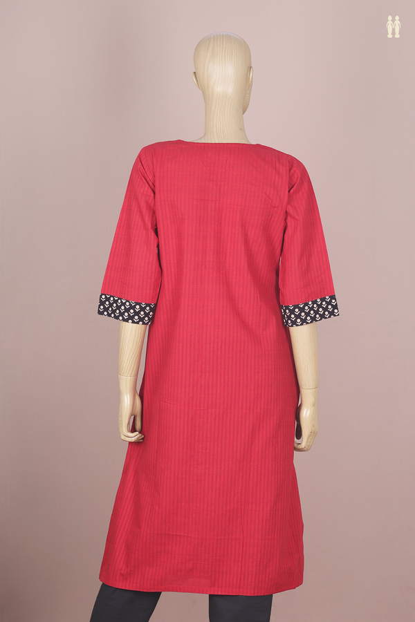 Round Neck Stripes Design Red Cotton Long Kurta
