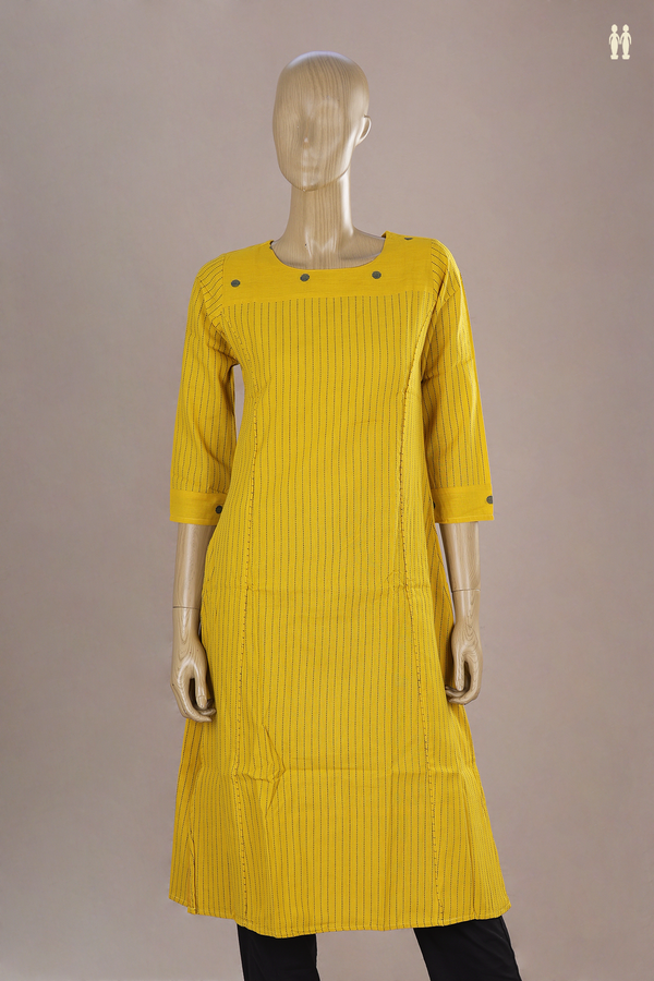 Round Neck Stripes Design Yellow Dobby Cotton Long Kurta