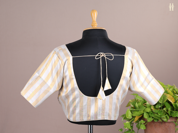Round Neck Gold And Silver Raw Silk Readymade Blouse