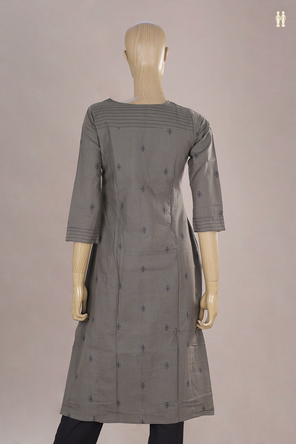 Round Neck Threadwork Buttas Greenish Grey Cotton Long Kurta