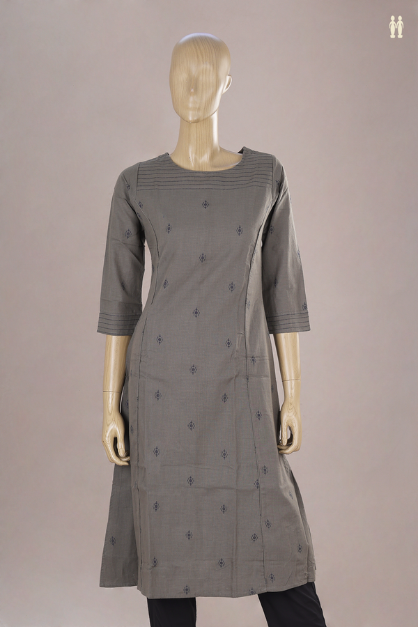 Round Neck Threadwork Buttas Greenish Grey Cotton Long Kurta