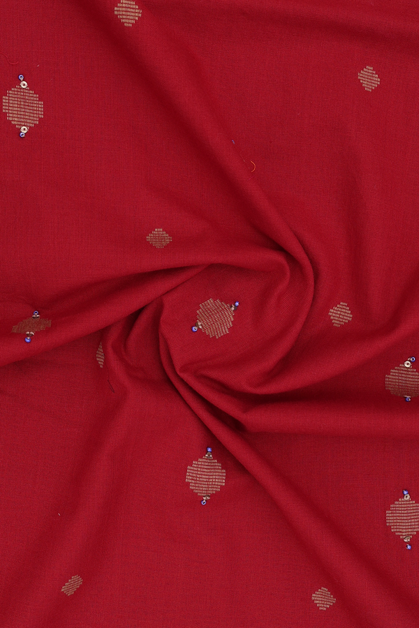 Round Neck Threadwork Buttas Red Cotton Long Kurta