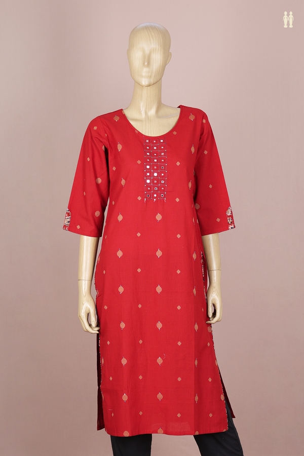 Round Neck Threadwork Buttas Red Cotton Long Kurta