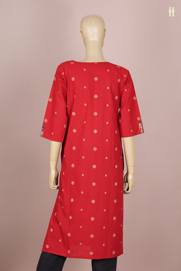 Round Neck Threadwork Buttas Red Cotton Long Kurta