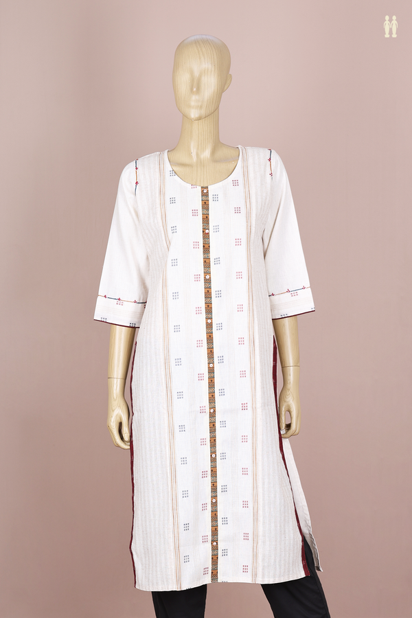 Round Neck Threadwork Buttas White Cotton Long Kurta