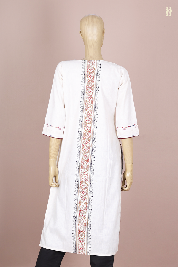 Round Neck Threadwork Buttas White Cotton Long Kurta