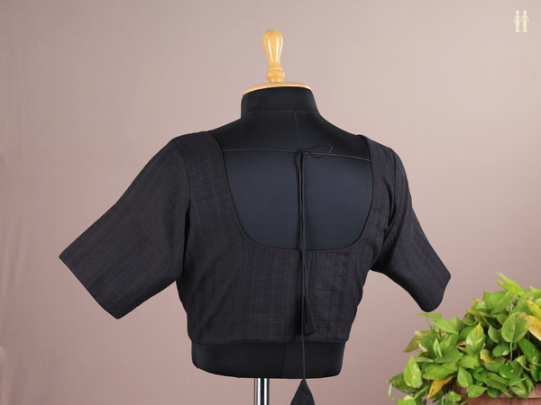 Round Neck Threadwork Design Black Raw Silk Readymade Blouse
