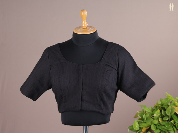 Round Neck Threadwork Design Black Raw Silk Readymade Blouse