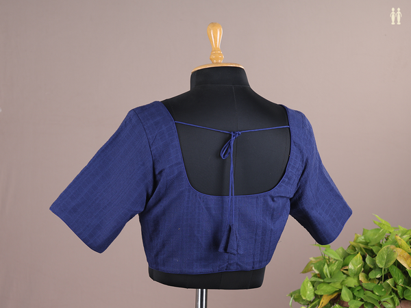 Round Neck Threadwork Design Blue Raw Silk Readymade Blouse