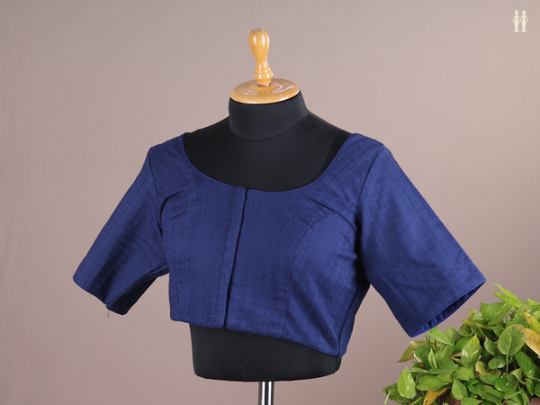 Round Neck Threadwork Design Blue Raw Silk Readymade Blouse