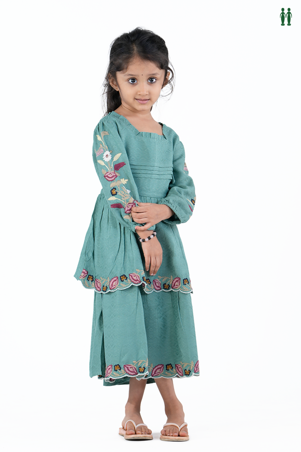 Round Neck Threadwork Design Dusty Green Cotton Frock