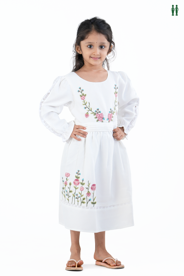 Round Neck Floral Design White Cotton Frock