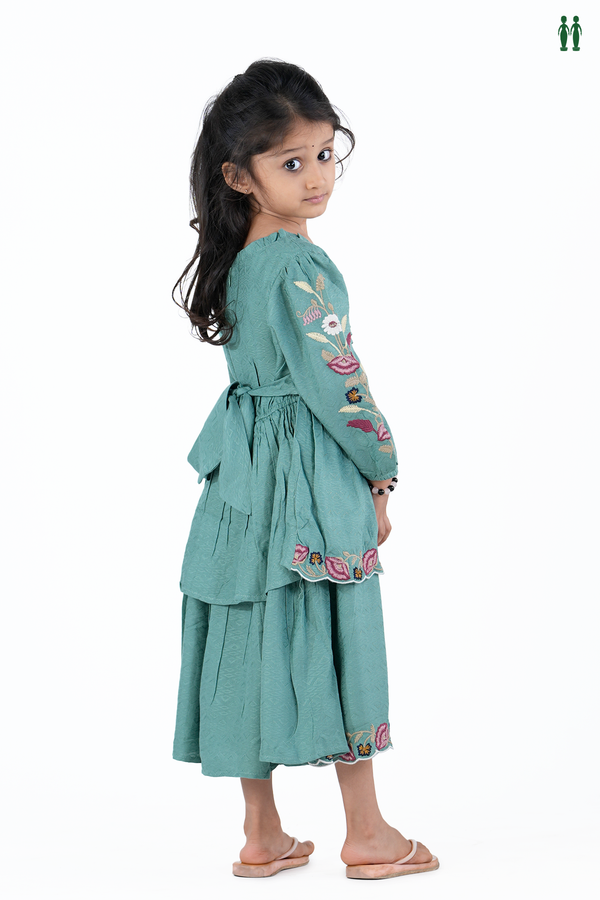 Round Neck Threadwork Design Dusty Green Cotton Frock