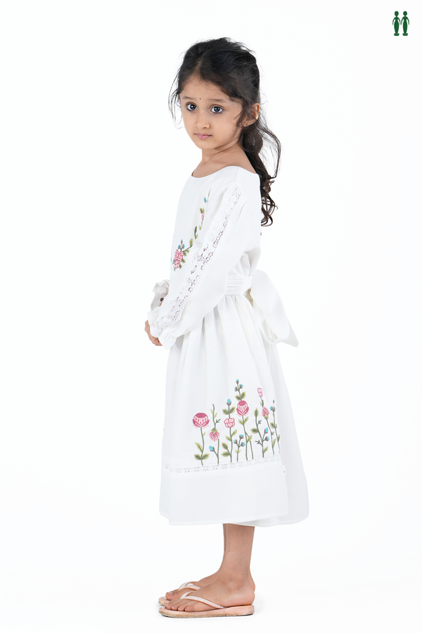 Round Neck Floral Design White Cotton Frock