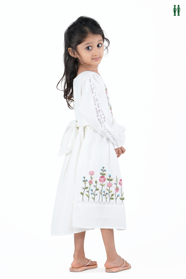 Round Neck Floral Design White Cotton Frock