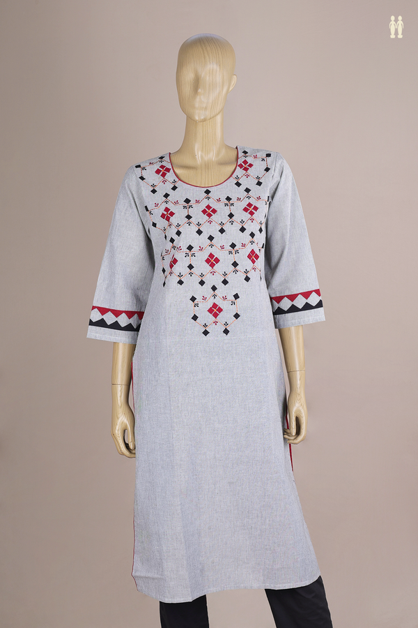 Round Neck Threadwork Design Grey And White Cotton Long Kurta
