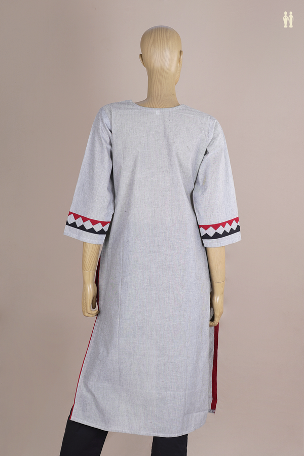 Round Neck Threadwork Design Grey And White Cotton Long Kurta
