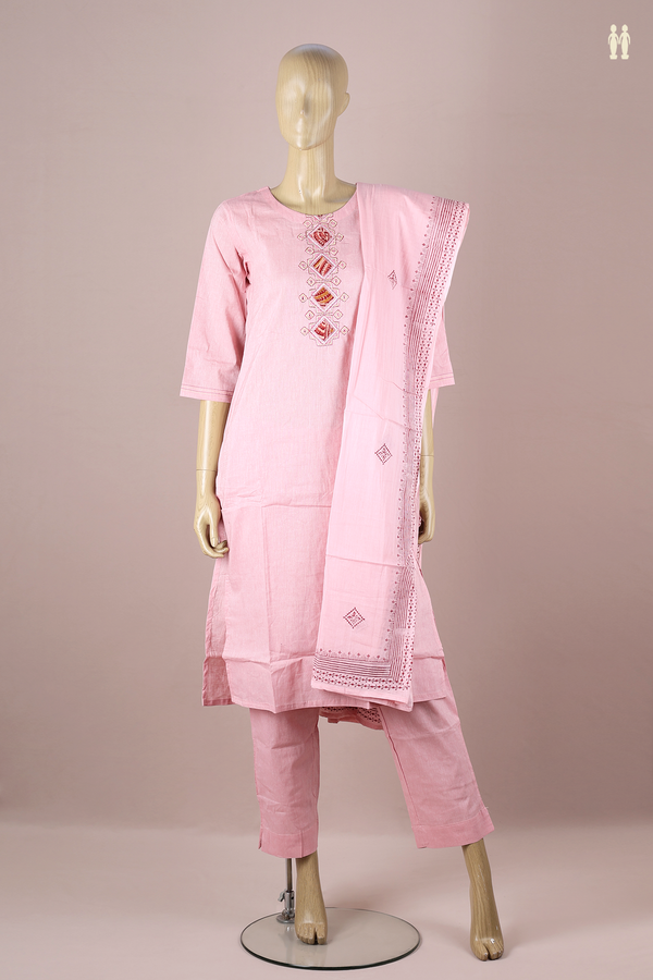 Round Neck Threadwork Design Pink Cotton Salwar Set