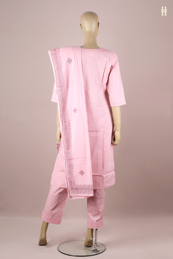 Round Neck Threadwork Design Pink Cotton Salwar Set