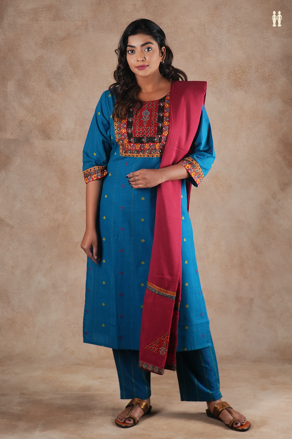 Round Neck Threadwork Design Teal Blue Cotton Salwar Set