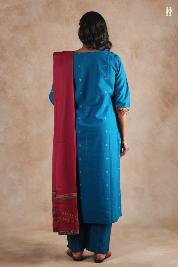 Round Neck Threadwork Design Teal Blue Cotton Salwar Set