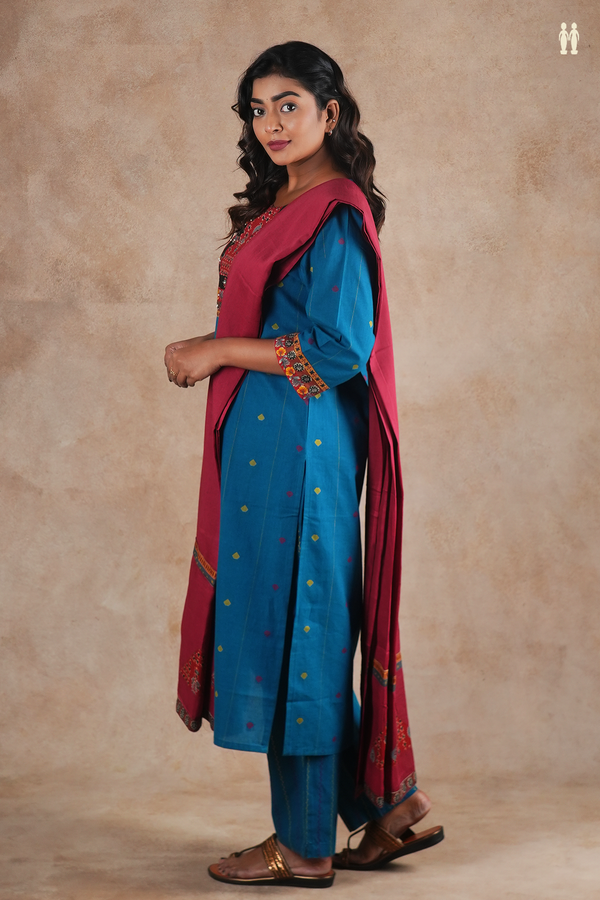 Round Neck Threadwork Design Teal Blue Cotton Salwar Set