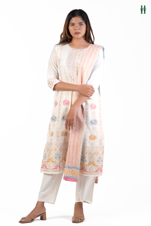 Round Neck Threadwork Design White Cotton Salwar Set