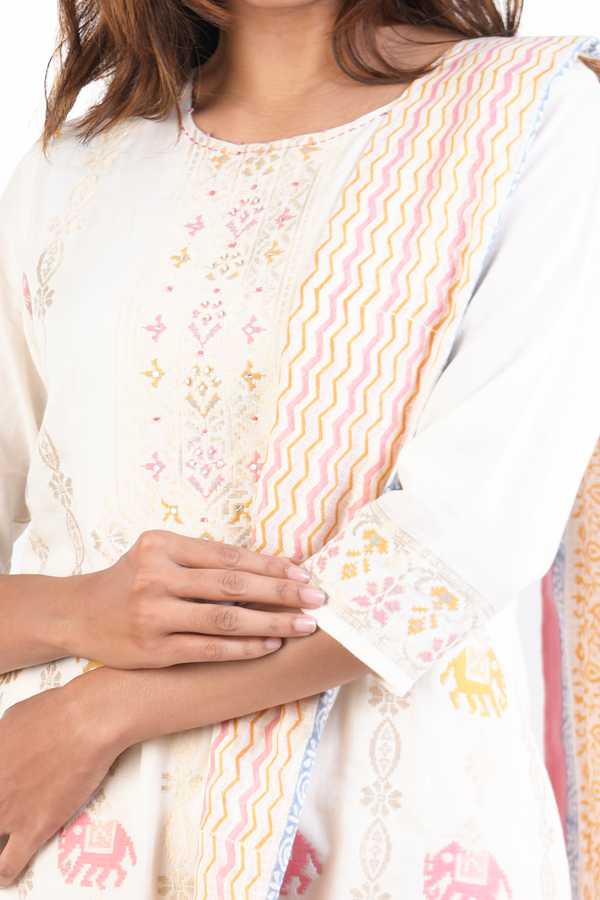 Round Neck Threadwork Design White Cotton Salwar Set