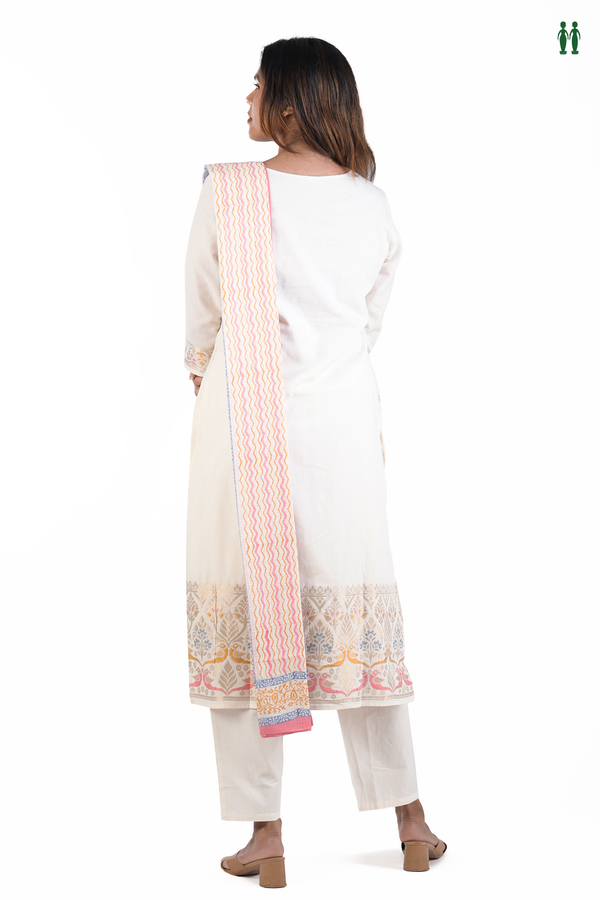 Round Neck Threadwork Design White Cotton Salwar Set