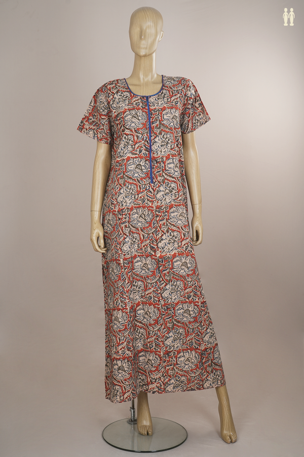 Round Neck With Zip Floral Design Red Cotton Nightie