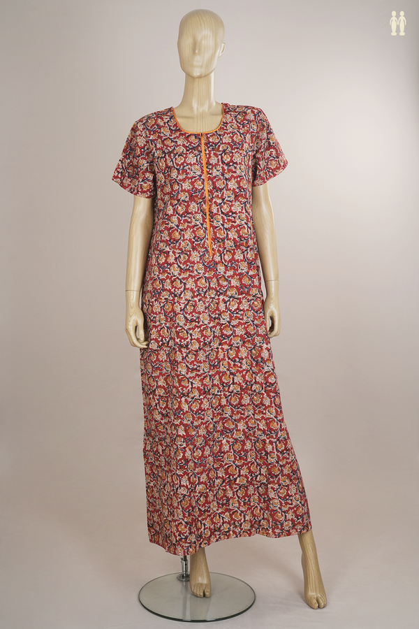 Round Neck With Zip Floral Design Ruby Red Kalamkari Nightie