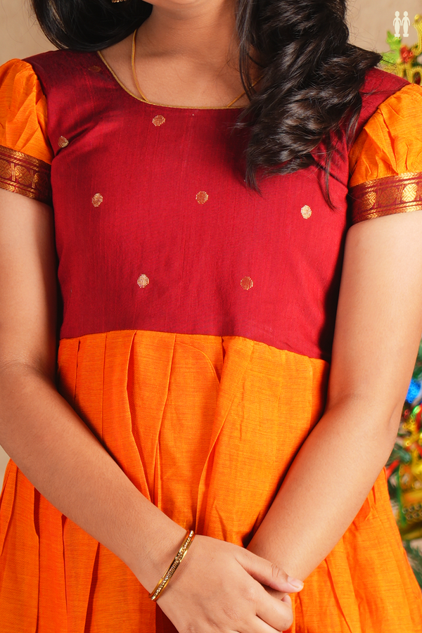 Round Neck Zari Buttas Red And Yellow Cotton Frock