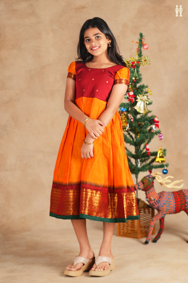 Round Neck Zari Buttas Red And Yellow Cotton Frock