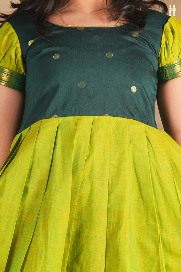 Round Neck Zari Buttas Shades Of Green Cotton Frock