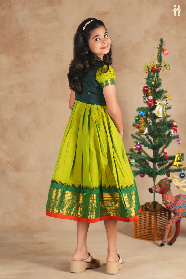 Round Neck Zari Buttas Shades Of Green Cotton Frock