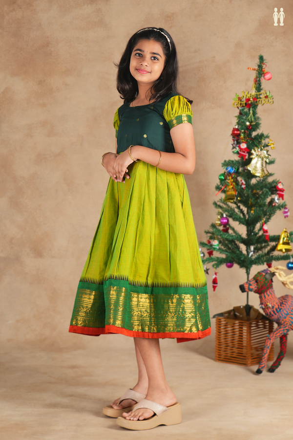 Round Neck Zari Buttas Shades Of Green Cotton Frock
