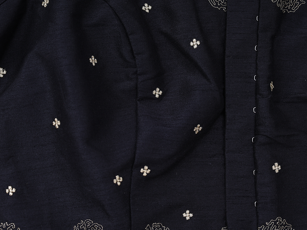 Round Neck Zari Buttis Black Semi Raw Silk Readymade Blouse