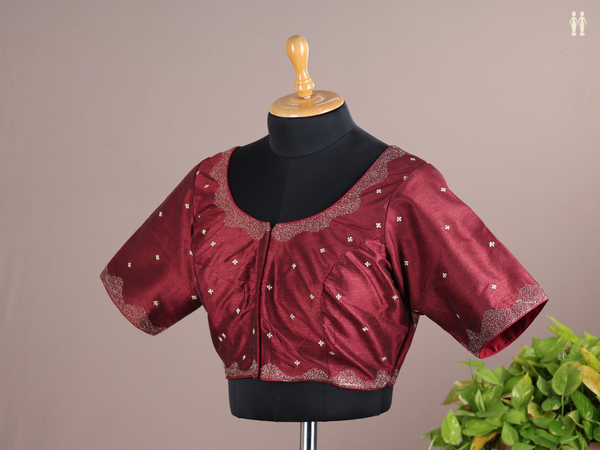 Round Neck Zari Buttis Maroon Raw Silk Readymade Blouse