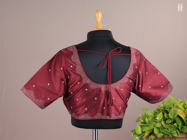 Round Neck Zari Buttis Maroon Raw Silk Readymade Blouse