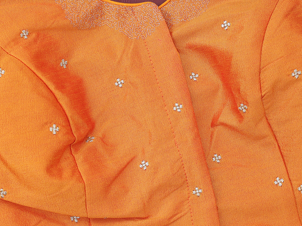 Round Neck Zari Buttis Orange Raw Silk Readymade Blouse