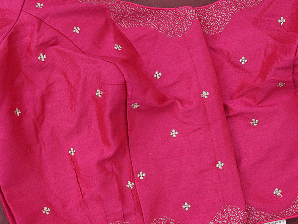 Round Neck Zari Buttis Pink Raw Silk Readymade Blouse