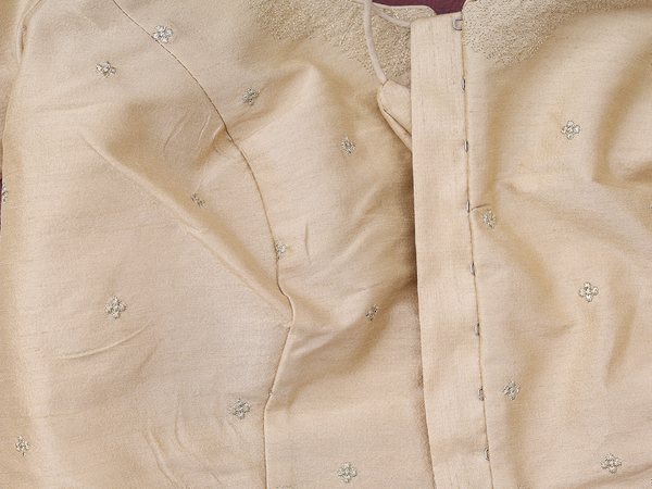 Round Neck Zari Buttis Tan Semi Raw Silk Readymade Blouse