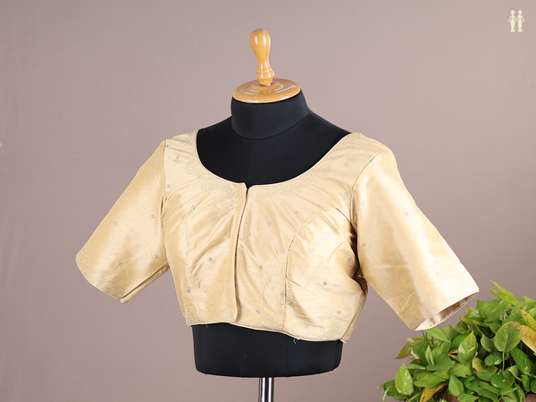 Round Neck Zari Buttis Tan Semi Raw Silk Readymade Blouse