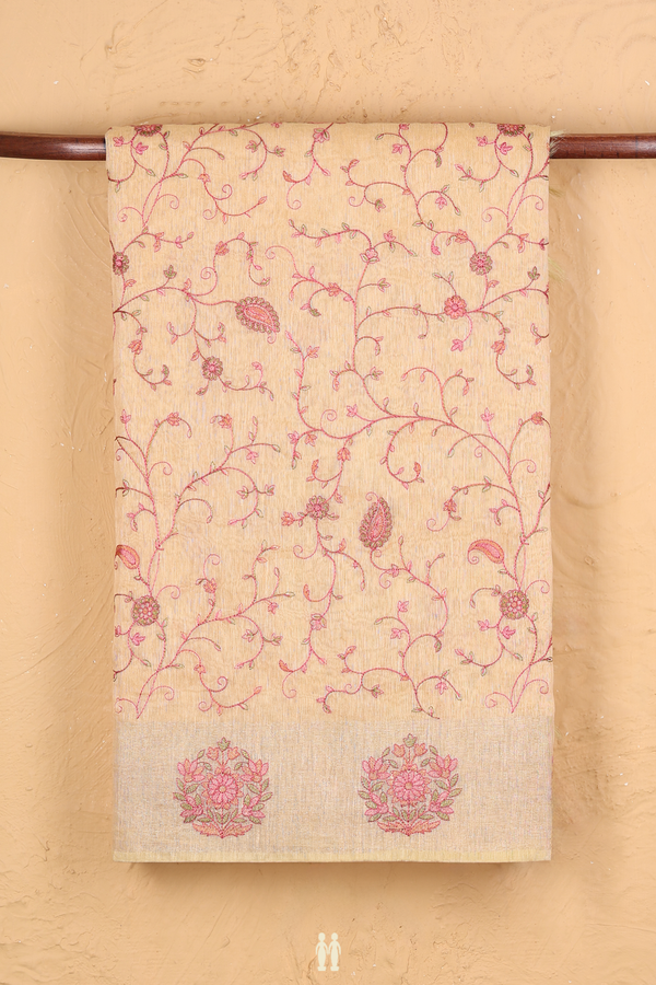 Linen Saree In Light Orange With Embroidered Design