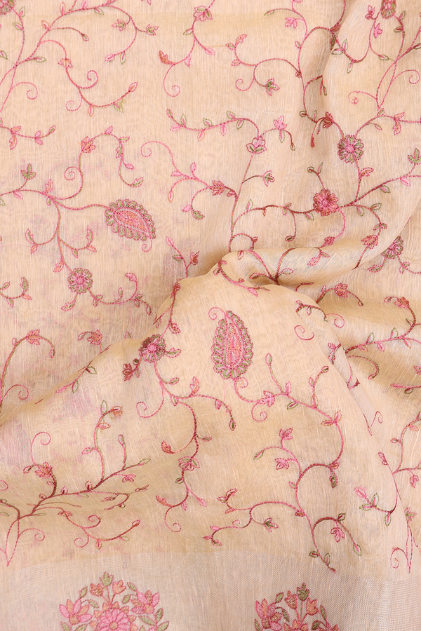 Linen Saree In Light Orange With Embroidered Design