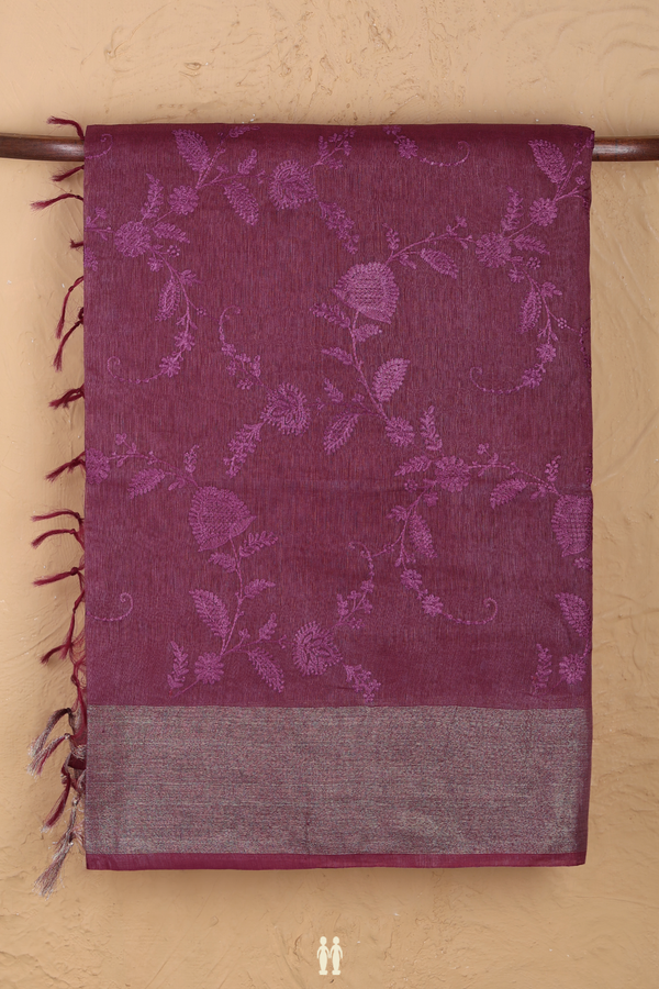 Linen Saree In Plum Purple With Floral Design